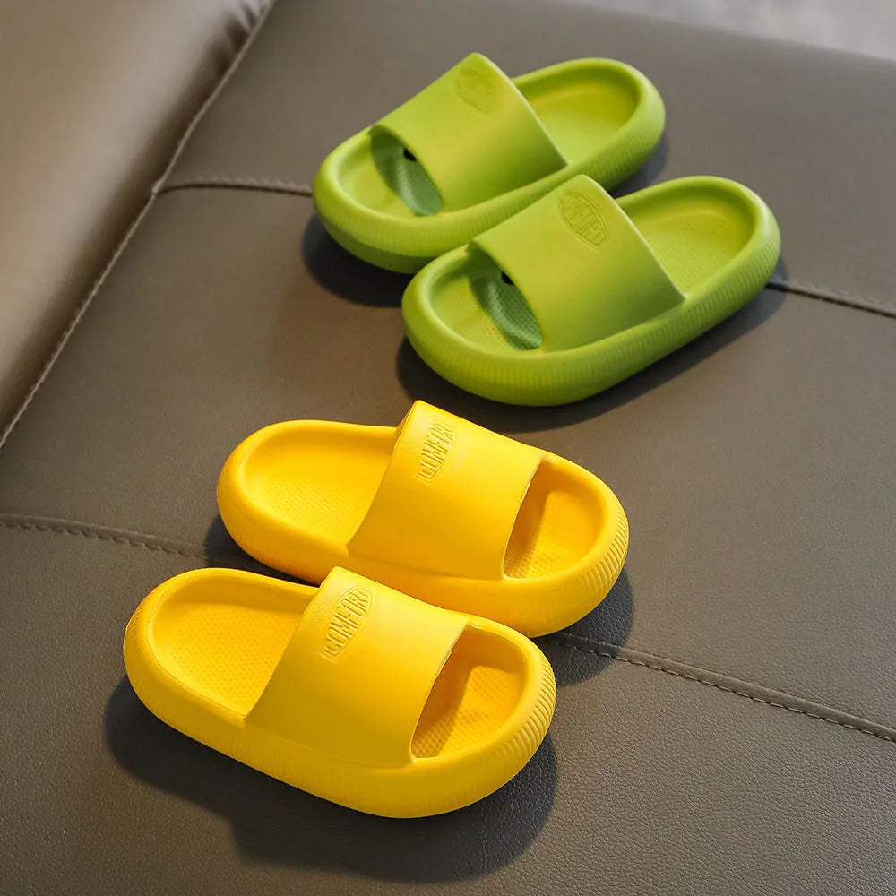 Children's EVA slippers in bright colours with non-slip soles showing size range options