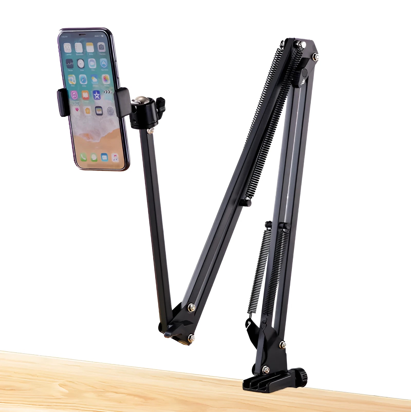 Black foldable metal desktop cantilever bracket holding tablet with adjustable arm