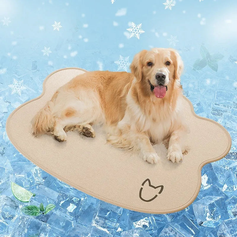 Pet ice mat cooling mattress for dogs in light grey colour showing dog head shaped design