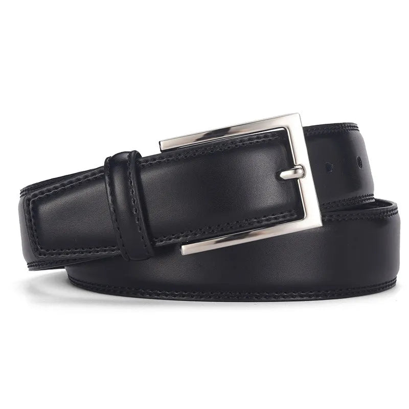 Men's black genuine leather belt with a silver alloy pin buckle fastener on a plain background