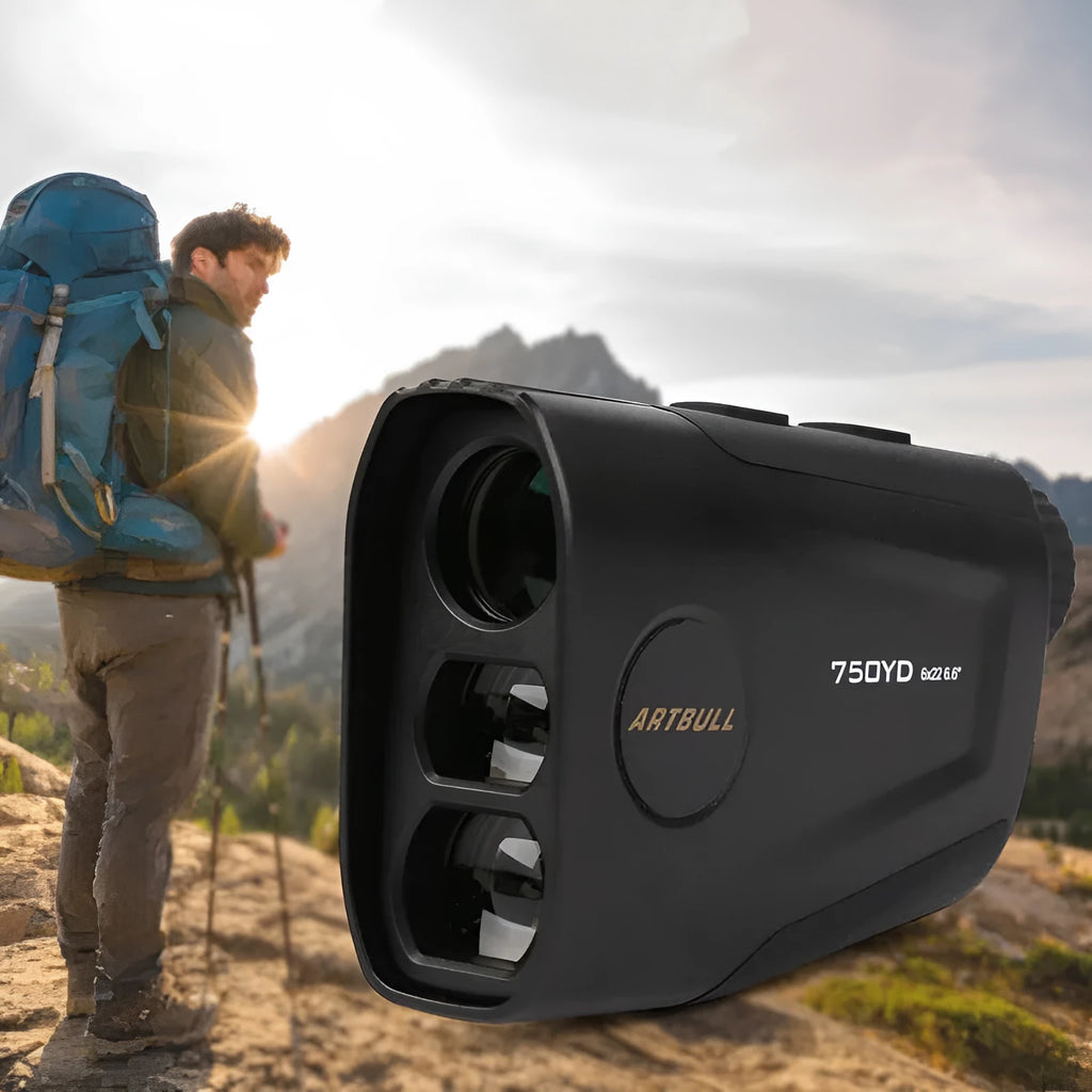 Golf laser rangefinder with LCD display showing distance measurement, featuring USB Type-C charging port