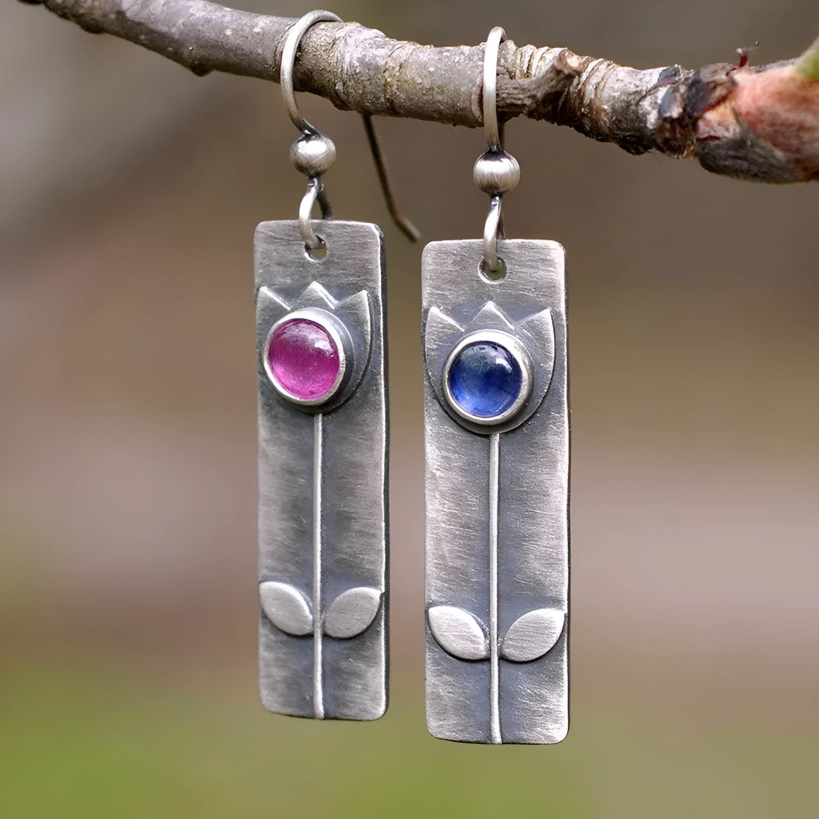 Women's antique finish red sapphire earrings with geometric retro design and electroplated metal construction