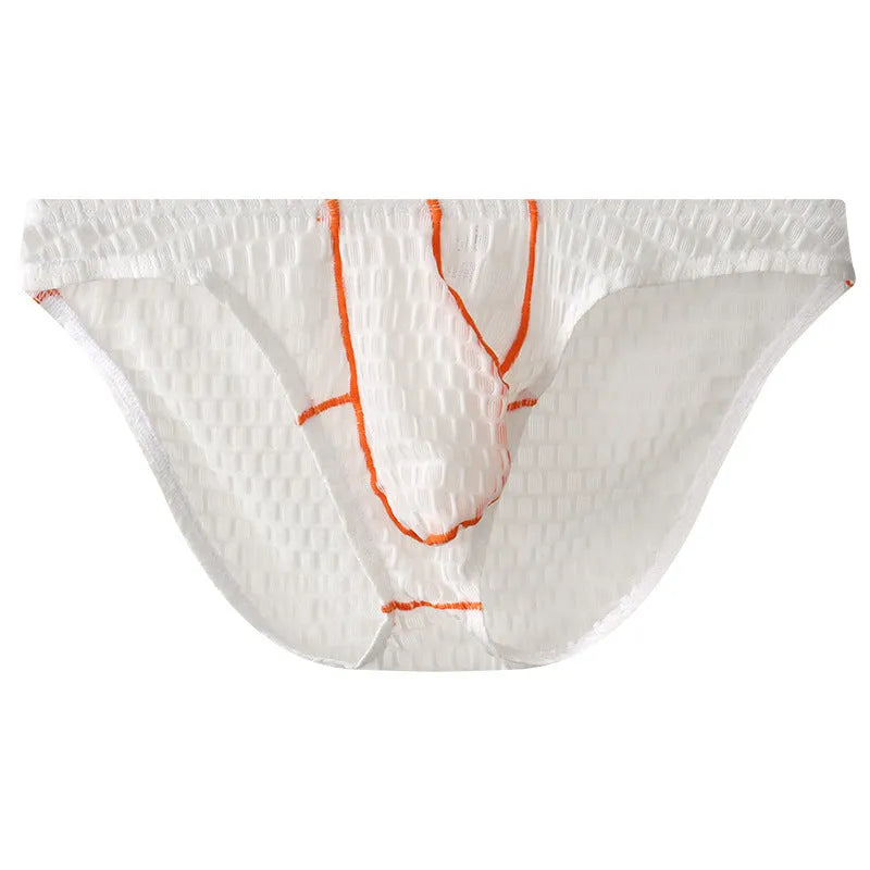 Men's low waist lace briefs in white, black, green, red, and light purple on a size chart.