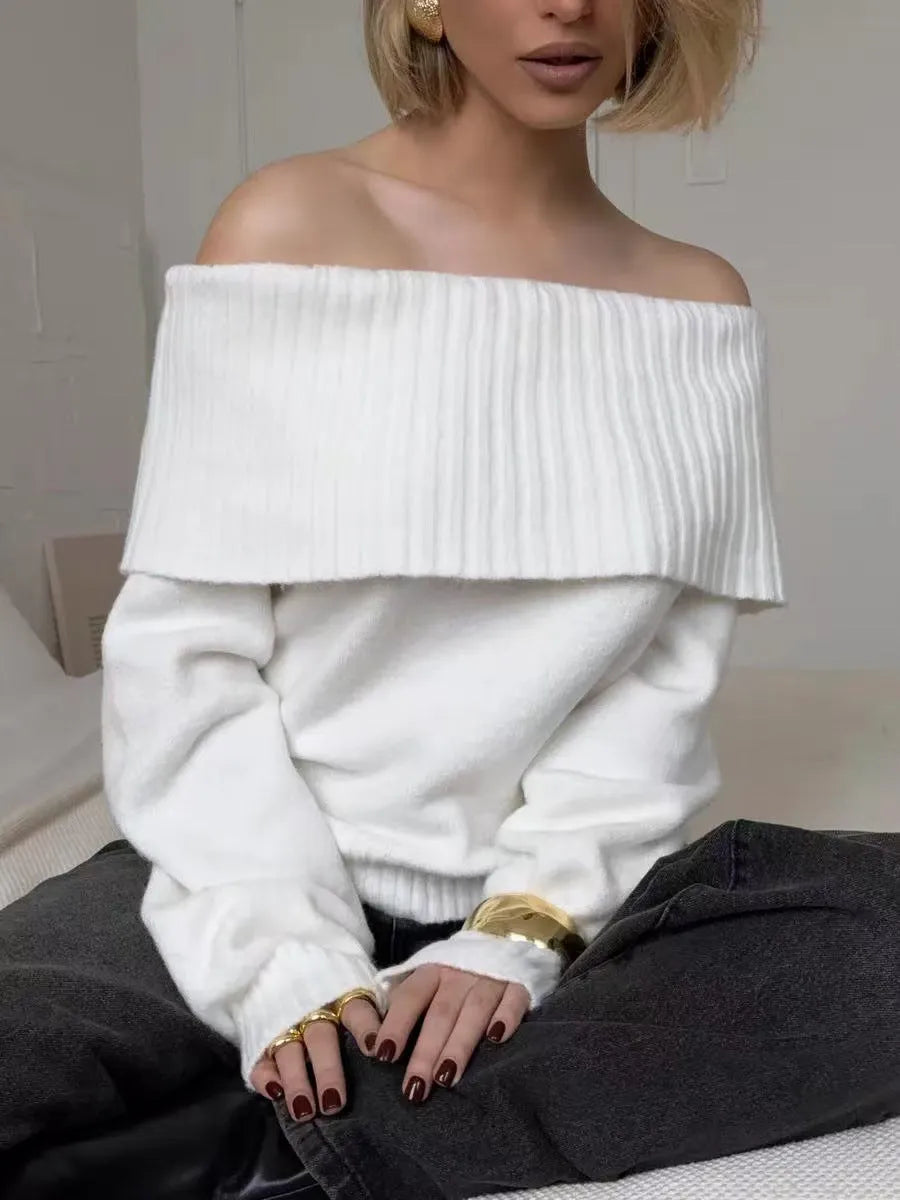 Gray off-the-shoulder acrylic sweater with 3D pattern effect and regular sleeves