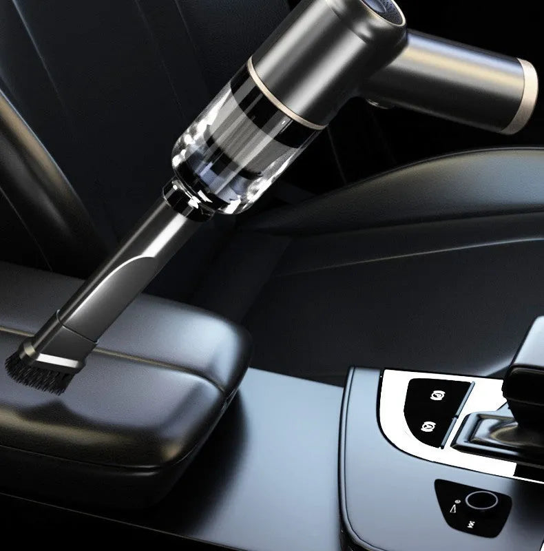 Black wireless handheld vacuum cleaner with multiple nozzle attachments for car and home cleaning