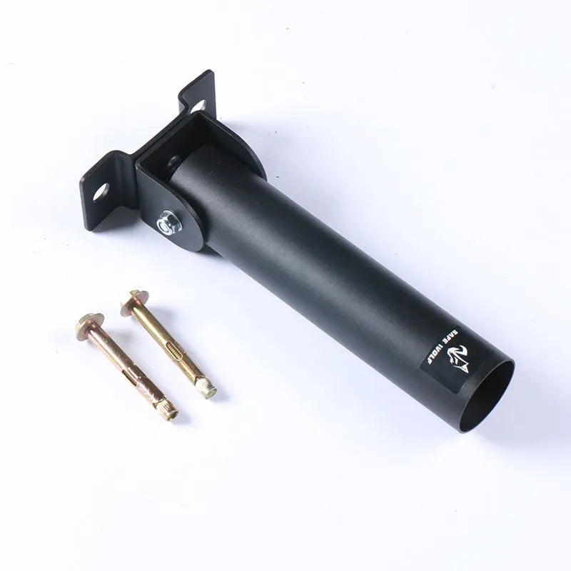 Steel wall-mounted barbell rack with 25 tubes for holding barbell bars.