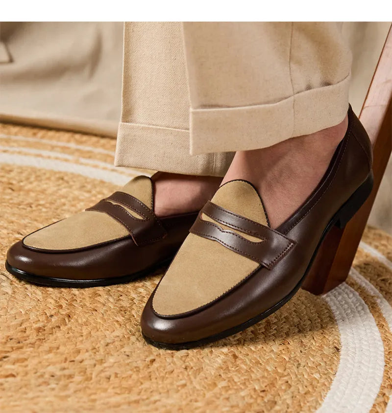 Coffee-grey suede leather men's loafers with a rubber sole and slip-on design