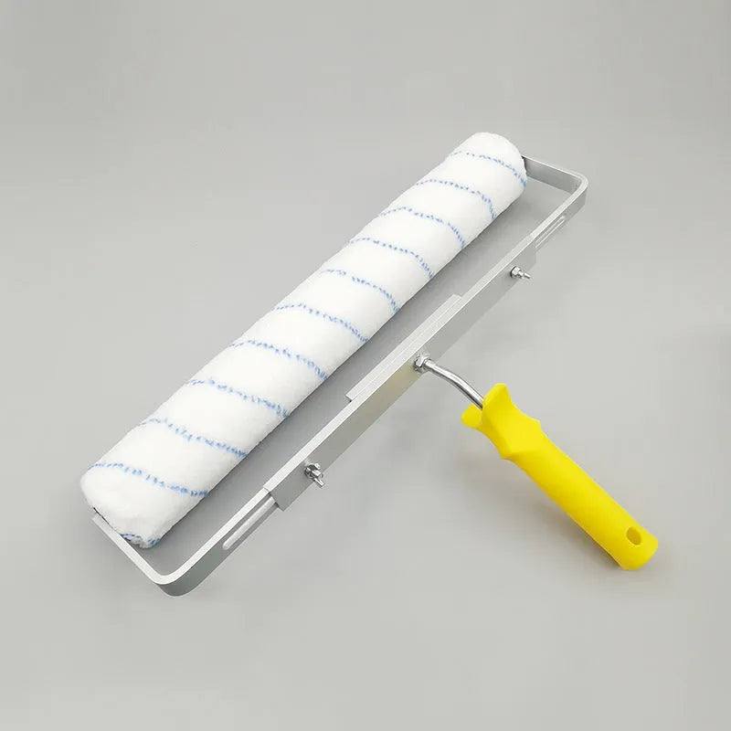 18-inch wide paint roller with three removable brush heads and a black paint tray.