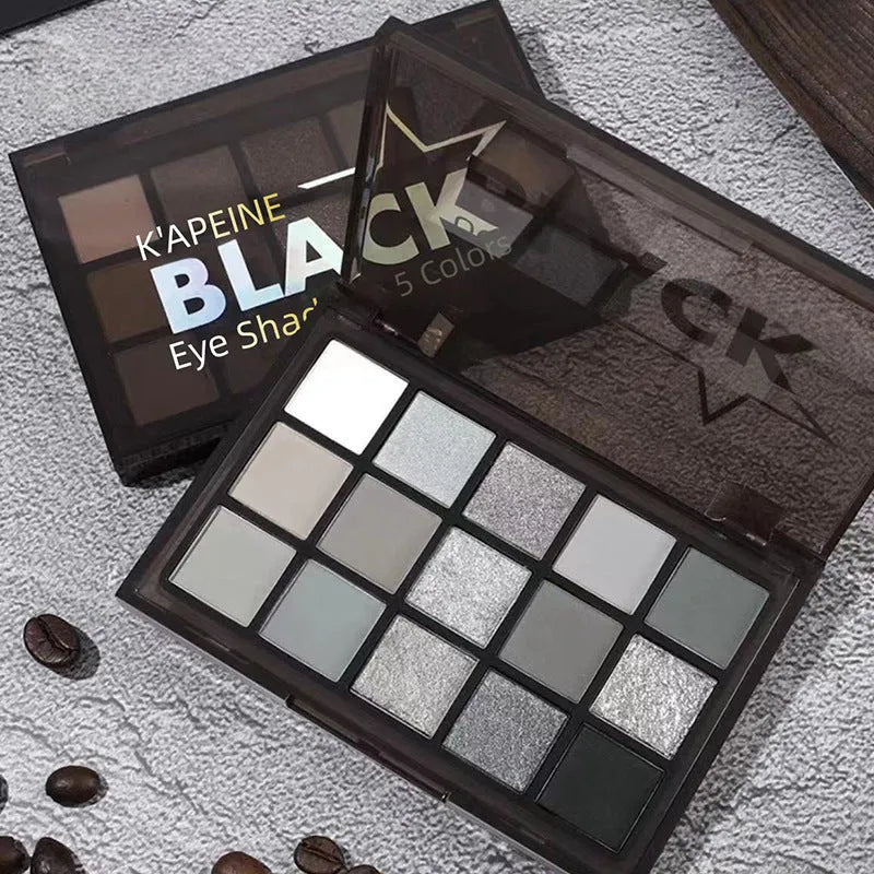 Cartoon style 15-colour eyeshadow palette with brown, blue and earth tone shades for smoky makeup