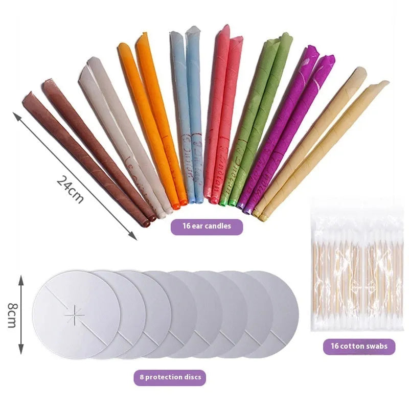 MQ Horn ear candle set showing candles, protection boards, and cotton swabs in assorted colours