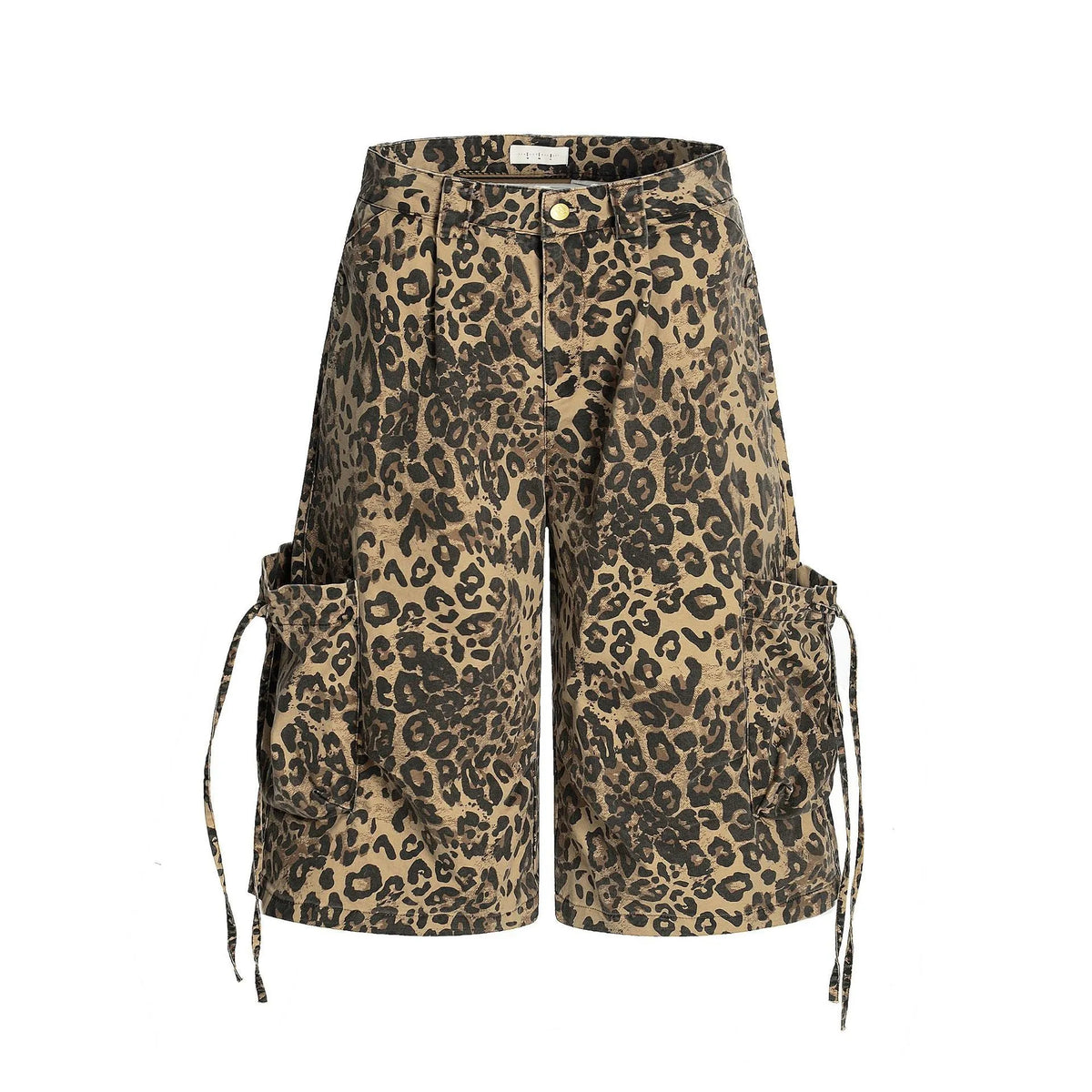 Leopard print women's trousers with high waist, button fly, and cropped straight-leg design