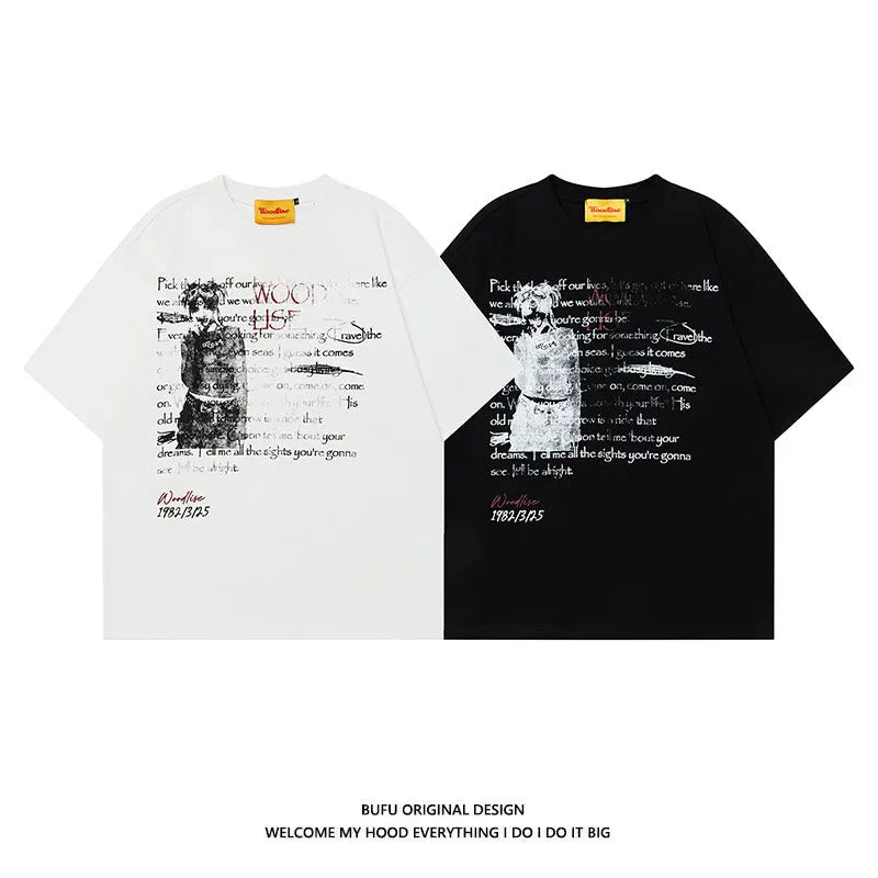 Men's black pure cotton loose T-shirt with white letter print and short raglan sleeves.