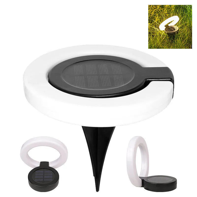 Solar underground outdoor light with waterproof ABS PS construction showing dimensions and installation options