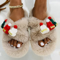 Women's Christmas hat slippers in faux plush with rubber sole, shown in black, khaki, and white.