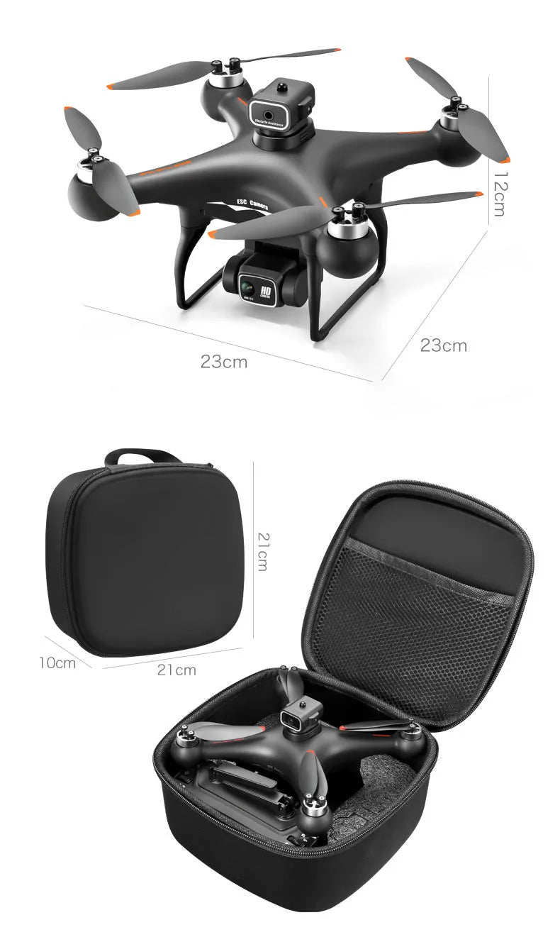 Black plastic UAV drone with four propellers and camera, remote control transmitter beside it