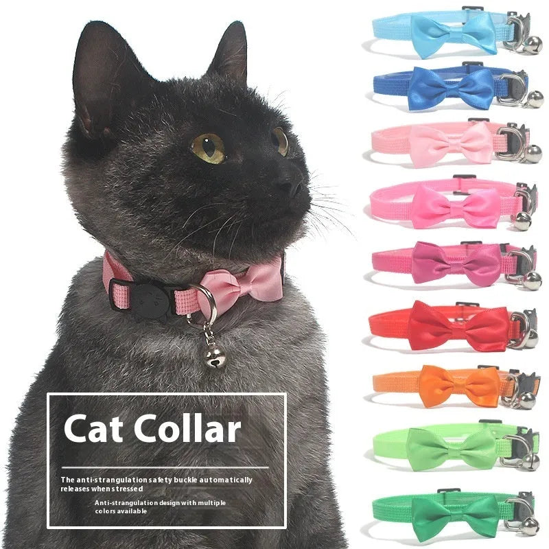 Striped nylon bow cat collar with bell in fluorescent green colour option