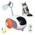 Interactive remote control cat toy car with feather teaser attachment in blue or orange colours