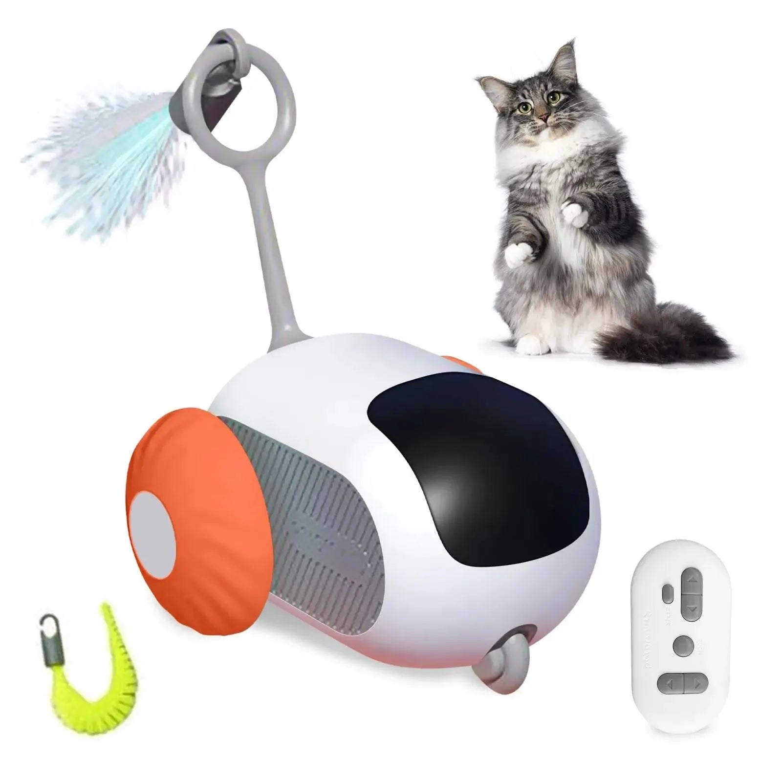 Interactive remote control cat toy car with feather teaser attachment in blue or orange colours