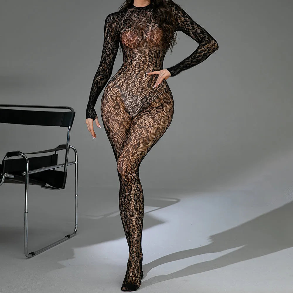 Black fishnet one-piece lingerie with long sleeves and a backless design on a mannequin.