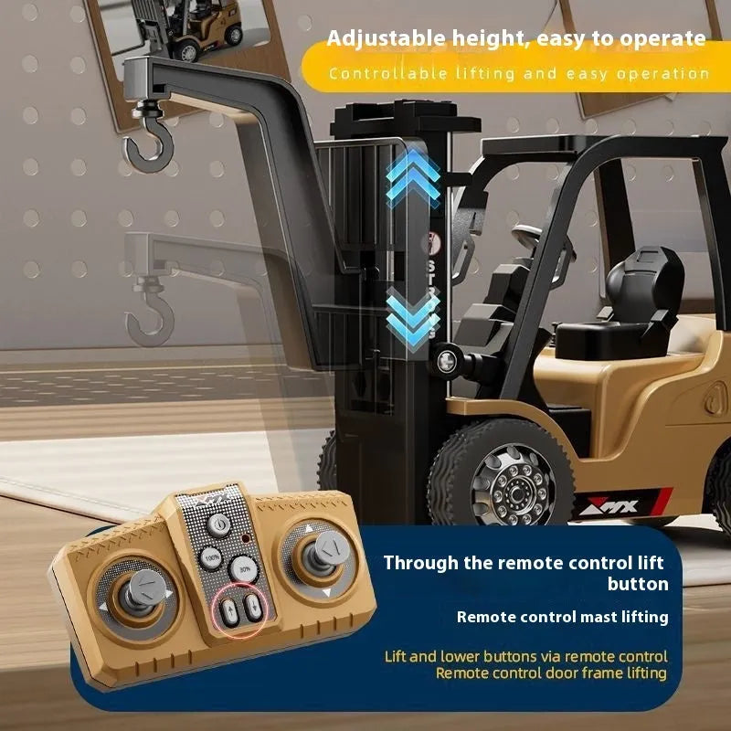Bluetooth remote controlled 1:64 scale alloy forklift model toy with cargo forks and pallet.