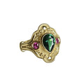 Gold-coloured geometric women's ring with an electroplated finish on a grey background.