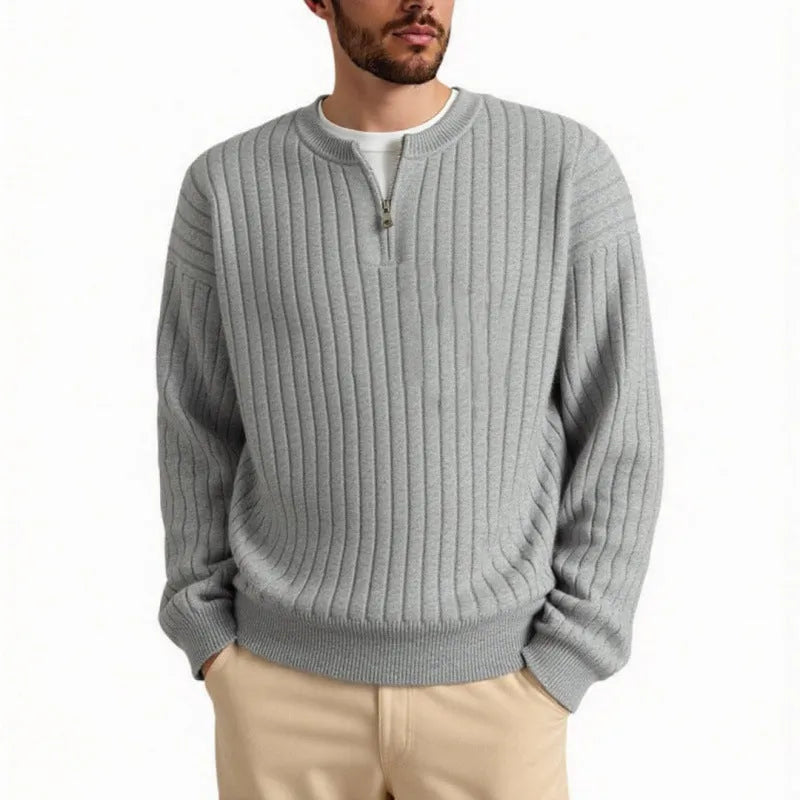 Men's grey half-zip textured knit sweater with loose fit and long sleeves