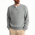 Men's grey half-zip textured knit sweater with loose fit and long sleeves