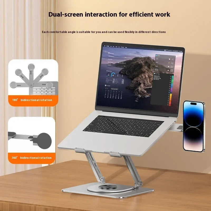 Silver carbon steel laptop stand with a rotating magnetic phone holder attached to the side