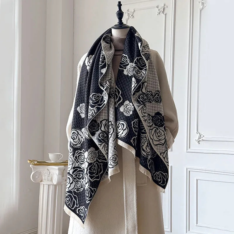 Long gray cashmere-like winter scarf with tassels laid flat showing its 185cm length