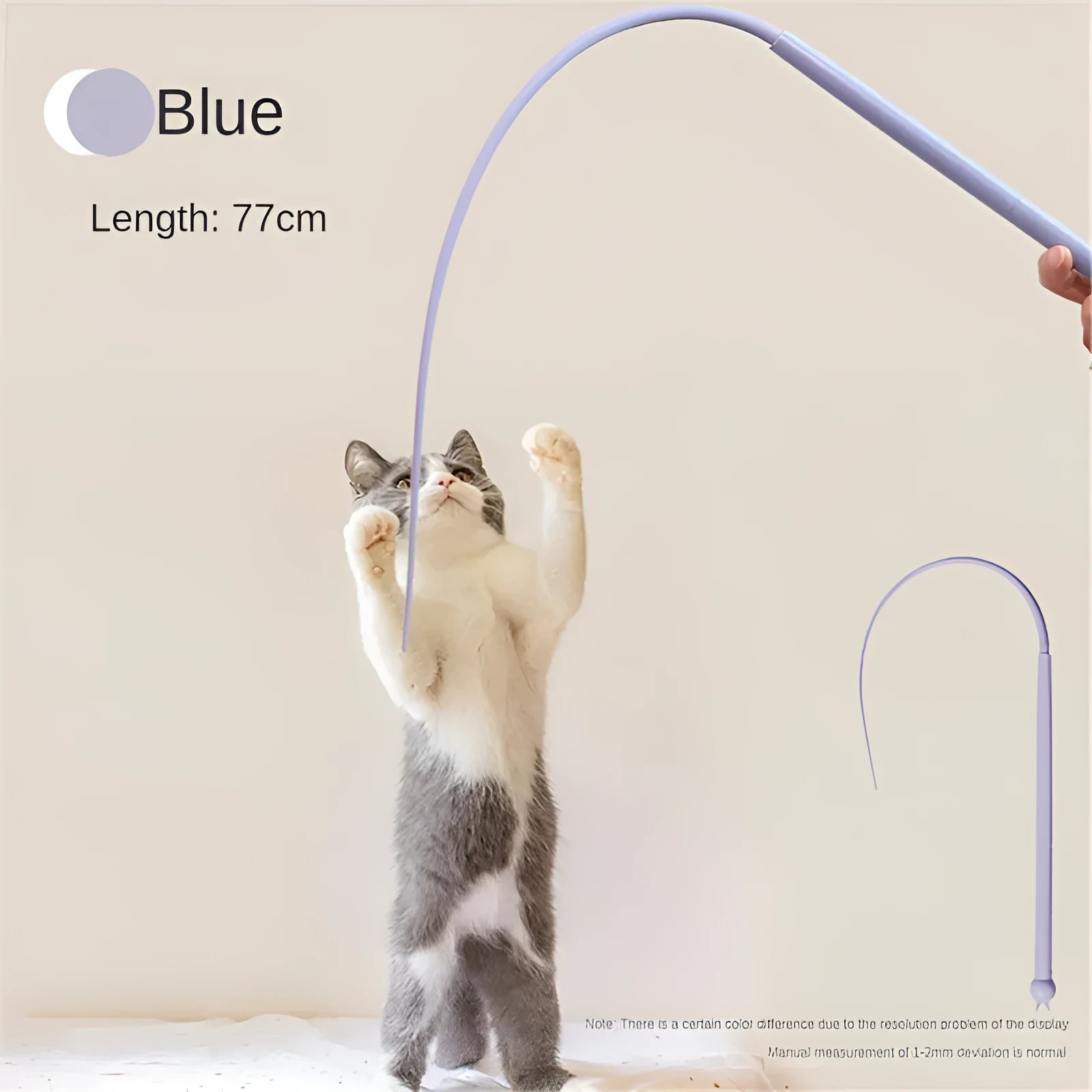 Blue cat teaser wand with silicone mouse tail and cat head design for interactive pet play