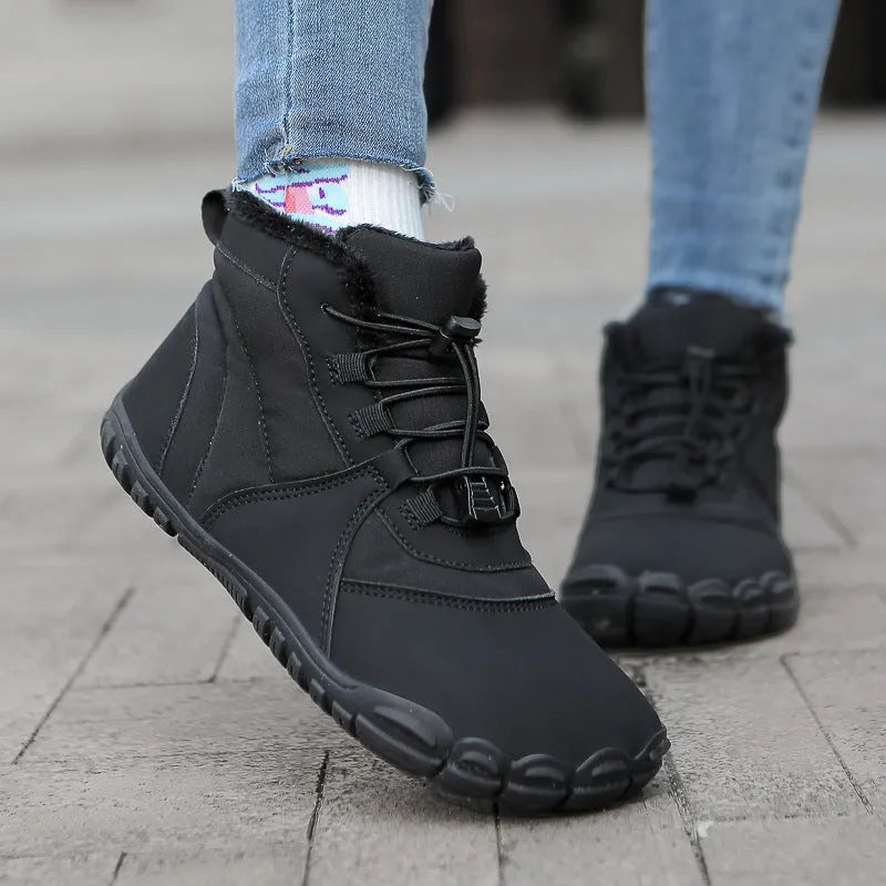 Waterproof insulated snow boots with lace-up front, round toe, and non-slip rubber soles