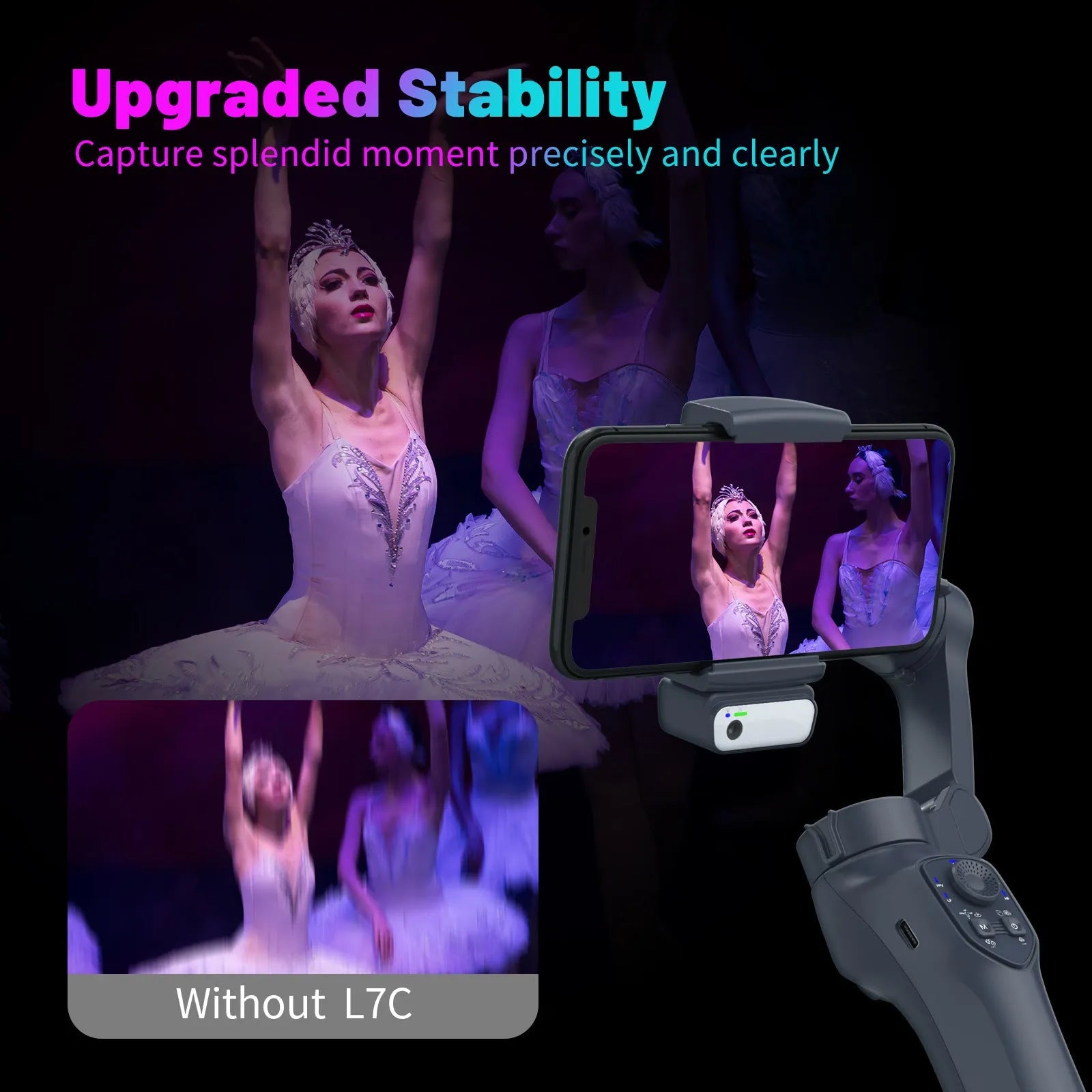 Foldable handheld camera stabiliser in gun colour with USB charging port