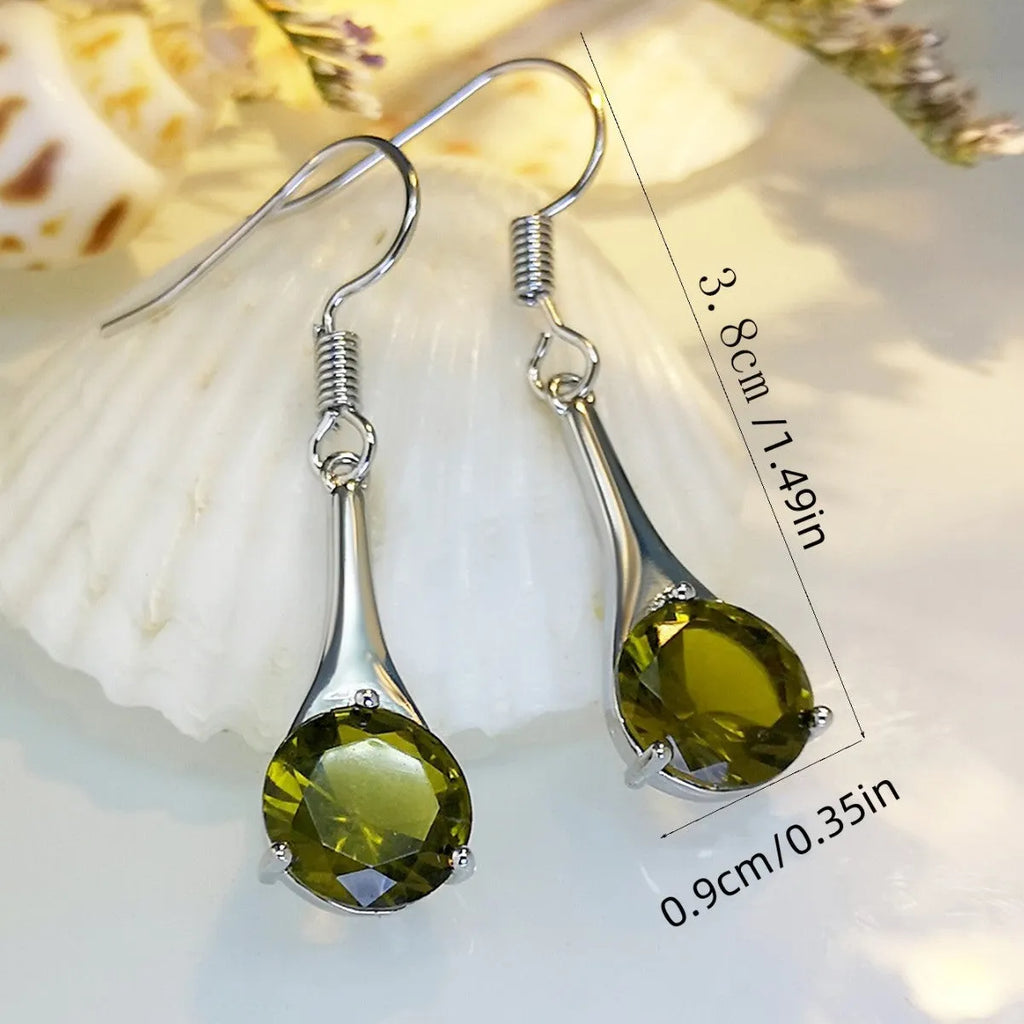 Olive green topaz water drop shaped earrings with minimalist retro design