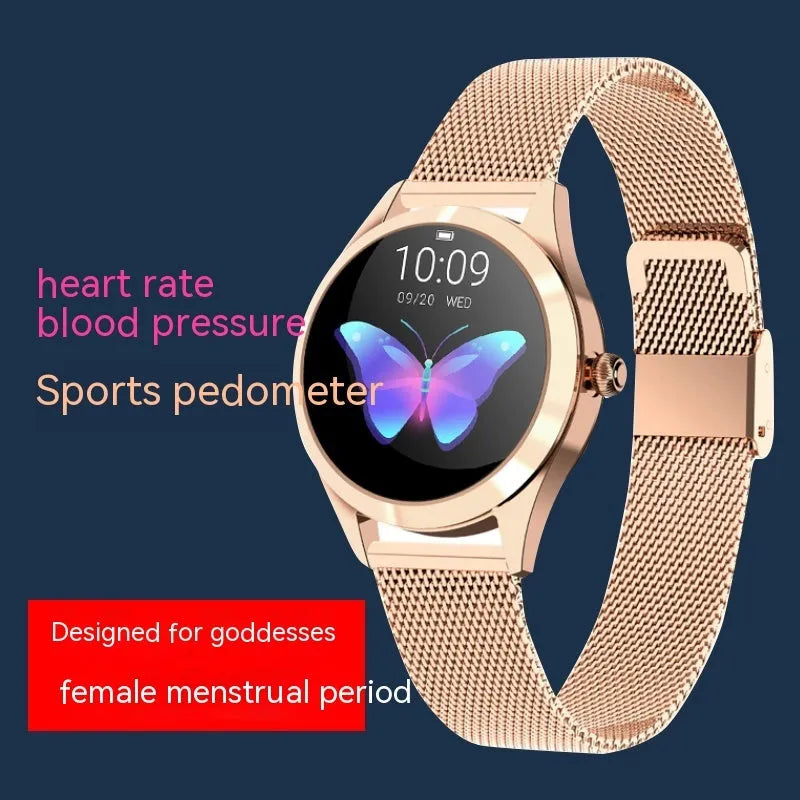 Women's sports smartwatch with heart rate monitoring and waterproof fitness tracking features