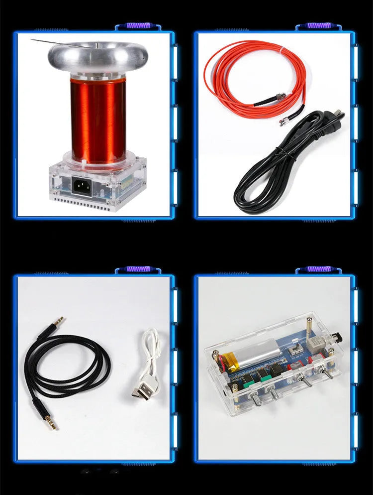 Tesla coil driver board with controller and cables for music-synchronised electrical arc generation