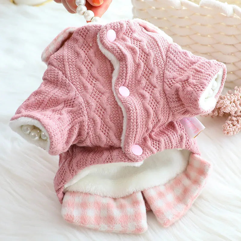 Blue wool plaid dog sweater with fleece lining and matching cotton jacket set