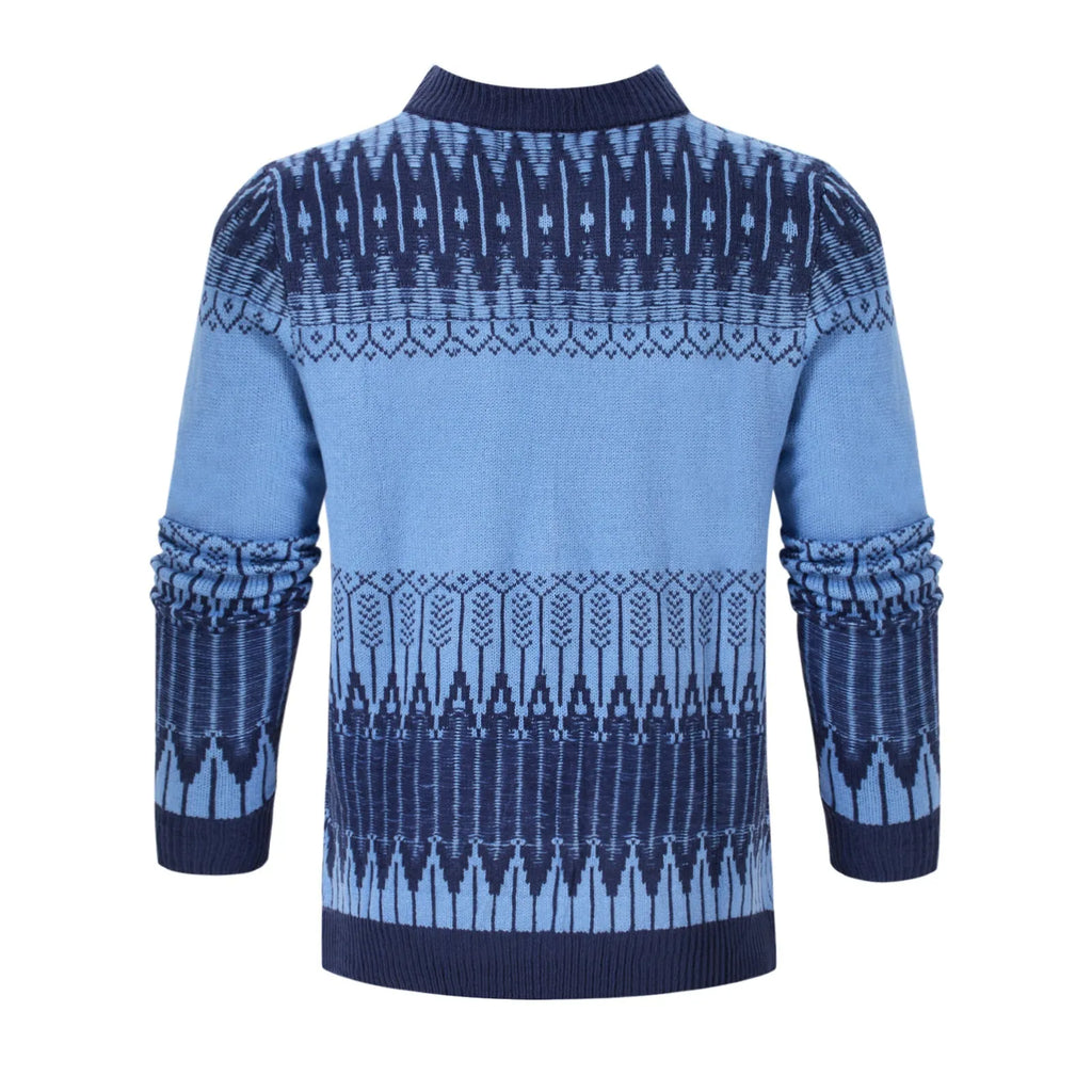Men's knitted long-sleeved pullover sweater on a model, shown in one of several available styles.