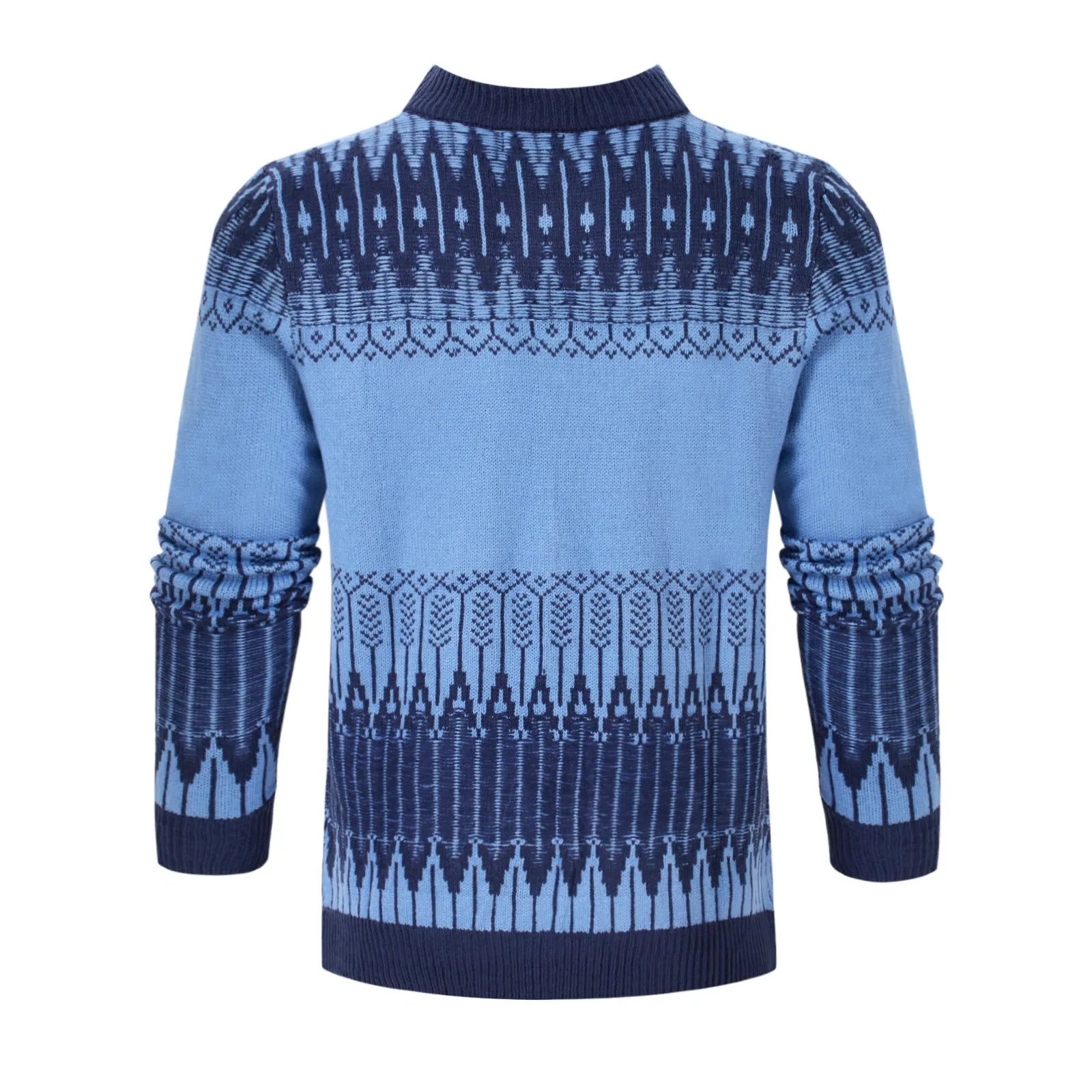 Men's knitted long-sleeved pullover sweater on a model, shown in one of several available styles.