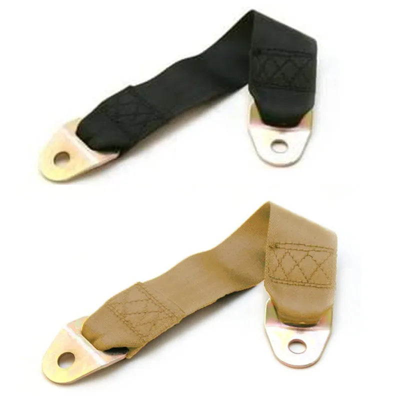 Woven polyester door latch and stop belt with metal hook-and-loop fasteners and mounting screws.