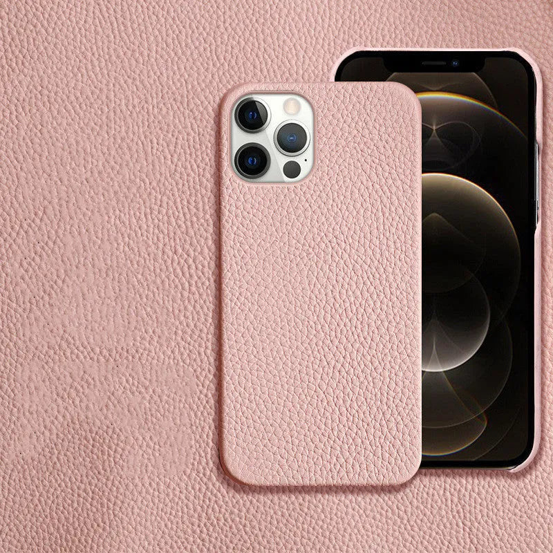 Genuine leather protective case for iPhone in simple half-break style on a table.