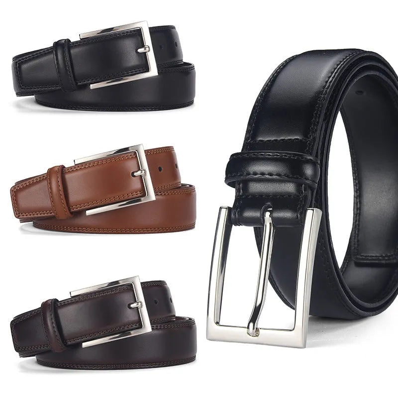 Men's black genuine leather belt with a silver alloy pin buckle fastener on a plain background