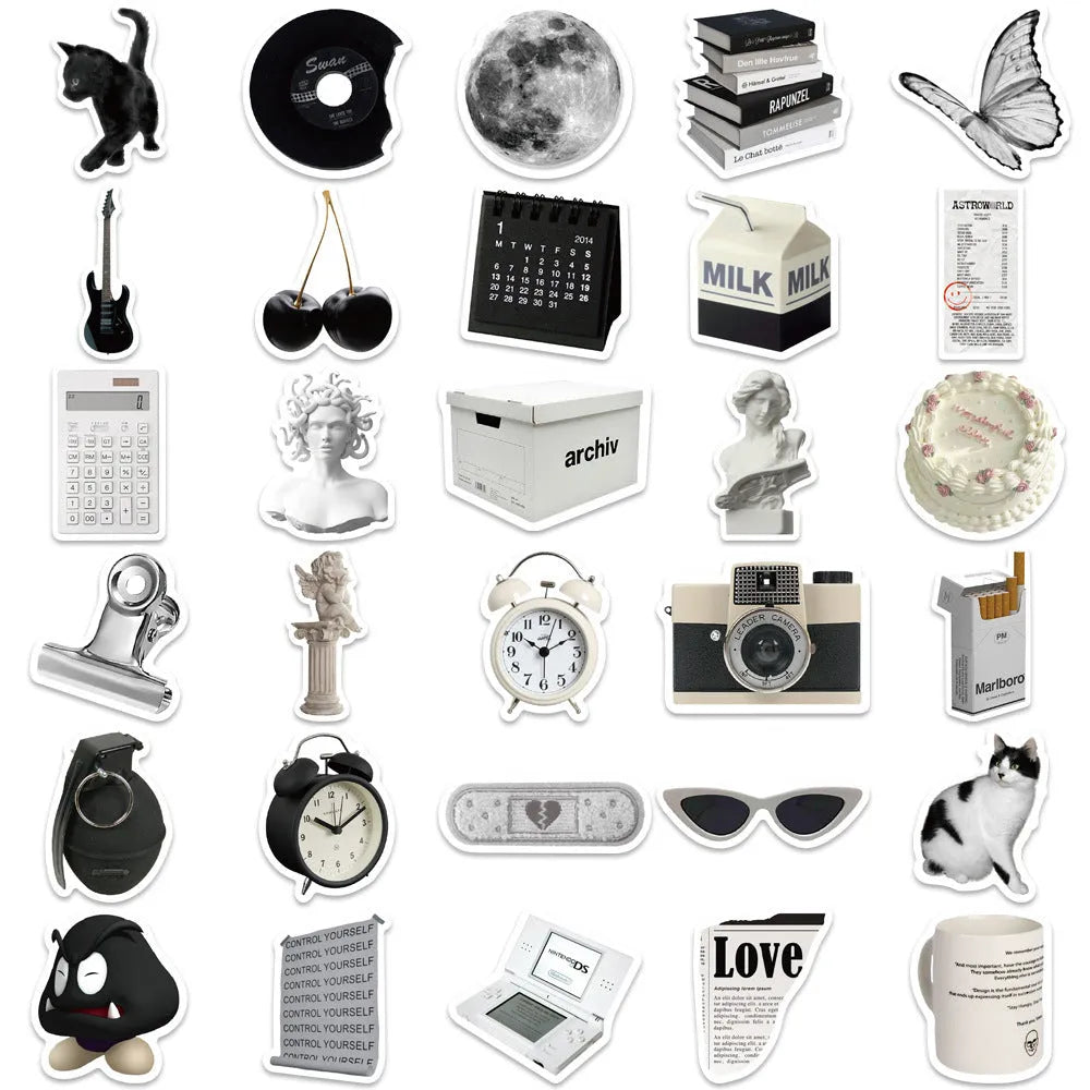 61-piece pack of black and white simple style PVC waterproof stickers for laptops and phones.