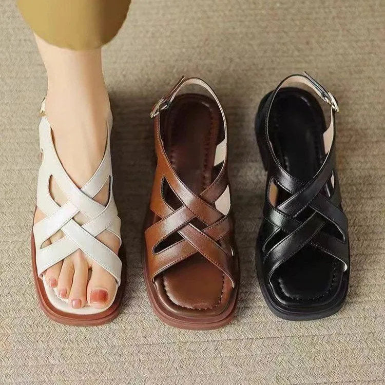 Women's patent leather square toe beach sandals with cross strap design in three colour options