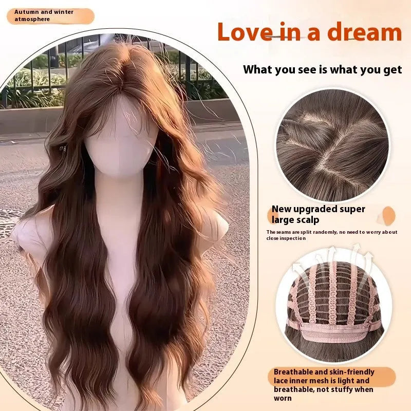 Full-head women's wig with long curly artificial hair and side bangs in brown colour options