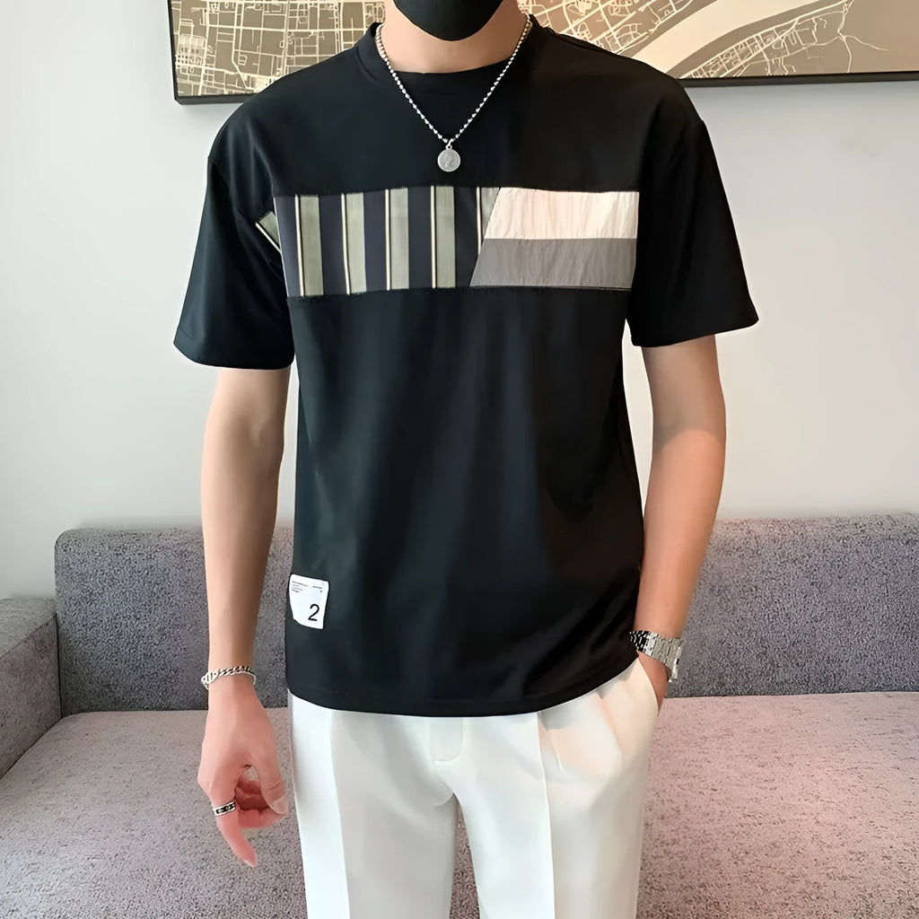 Men's summer short sleeve T-shirt, cotton-linen blend, loose fit, round neck, solid black or white