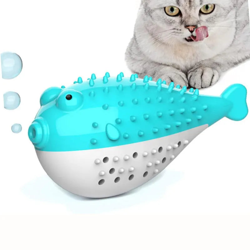 Blue silicone fish-shaped cat chew toy with toothbrush texture for grabing and chewing