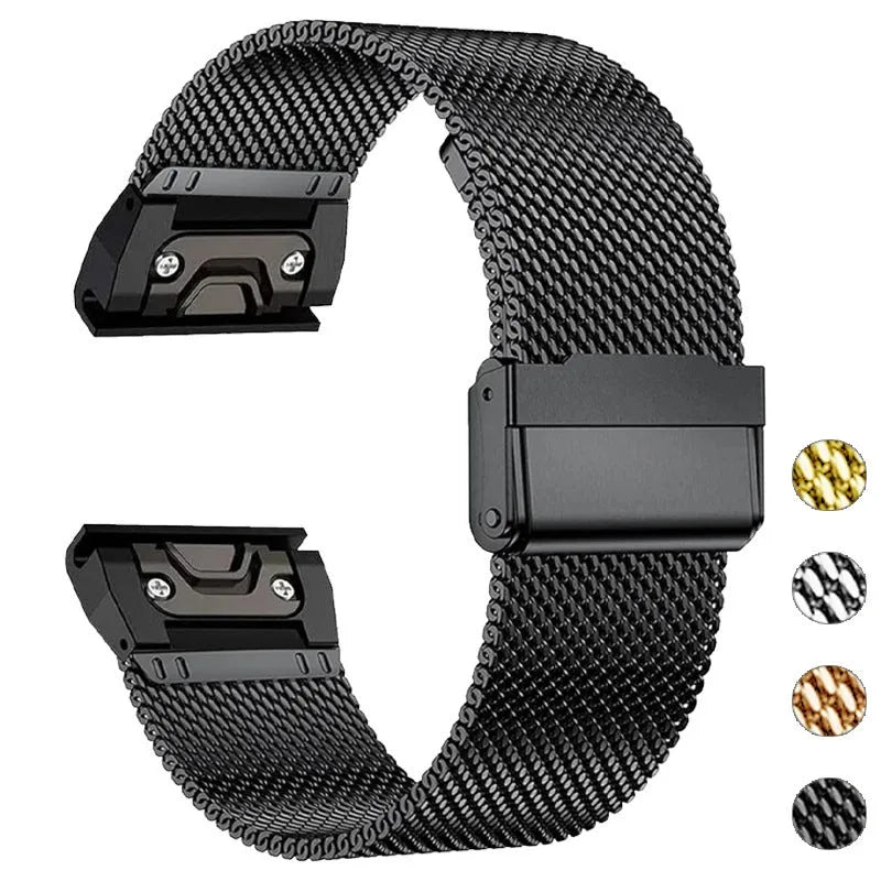 Stainless steel watch strap for Garmin Fenix smartwatches in silver, black, gold, and rose gold colours