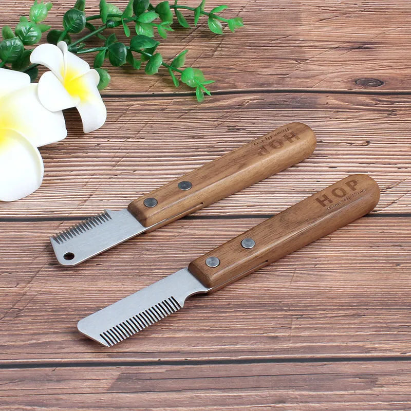 Walnut wood pet plucking knife comb with stainless steel cutter head for terrier grooming, left or right hand
