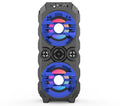 Portable Bluetooth speaker with pull rod, colourful lights, USB rechargeable, available in blue, red, and silver grey