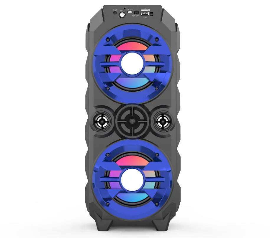 Portable Bluetooth speaker with pull rod, colourful lights, USB rechargeable, available in blue, red, and silver grey